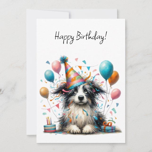 Black and White Dog in a Birthday Party Hat Flat Card (Front)