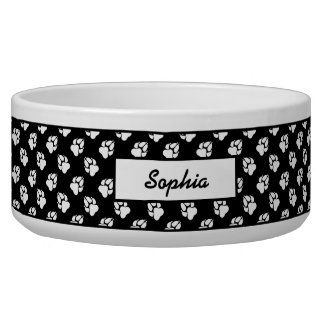 Black And White Dog Paw Pattern And Custom Name Bowl