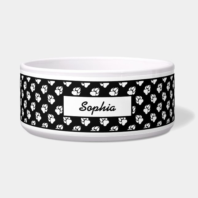 Black And White Dog Paw Pattern And Custom Name Bowl (Front)