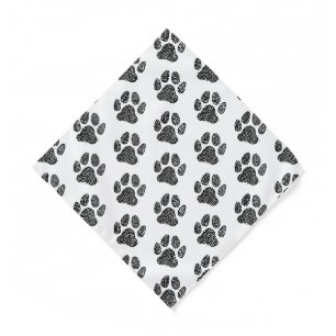 Black and White Dog Paw Print Linocut Bandana