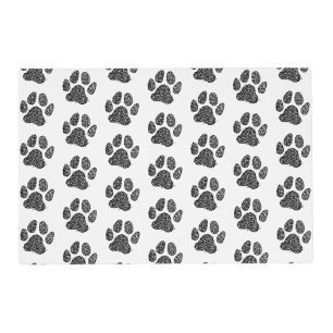 Black and White Dog Paw Print Linocut Placemat