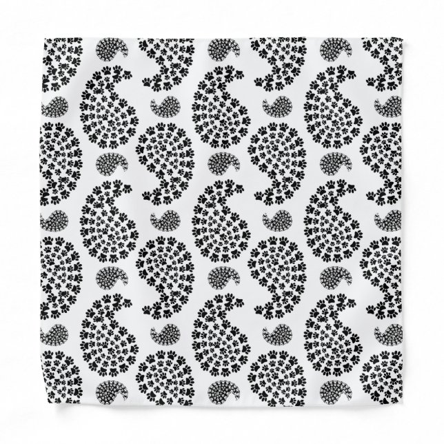 Black And White Dog Paw Print Paisley Pattern Bandana (Front)