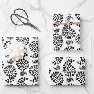 Black And White Dog Paw Print Paisley Wrapping Paper Sheets