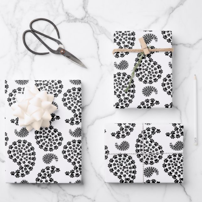 Black And White Dog Paw Print Paisley Wrapping Paper Sheets (Front)