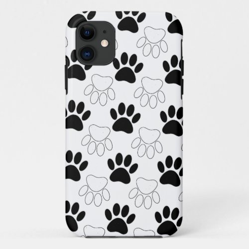 Black And White Dog Paw Print Pattern iPhone 11 Case