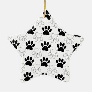 Black And White Dog Paw Print Pattern Ceramic Ornament