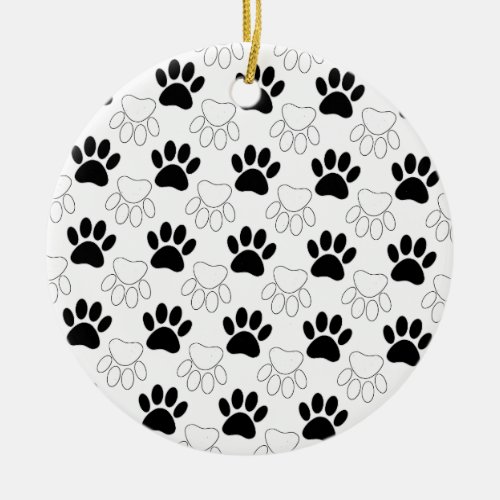 Black And White Dog Paw Print Pattern Ceramic Ornament