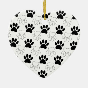 Black And White Dog Paw Print Pattern Ceramic Ornament