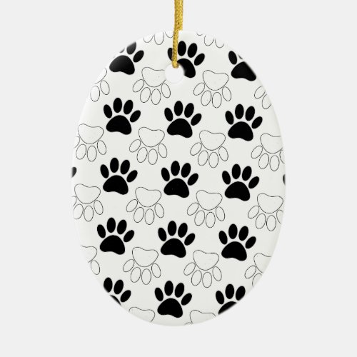 Black And White Dog Paw Print Pattern Ceramic Ornament