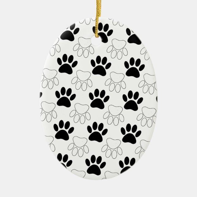 Black And White Dog Paw Print Pattern Ceramic Ornament (Front)