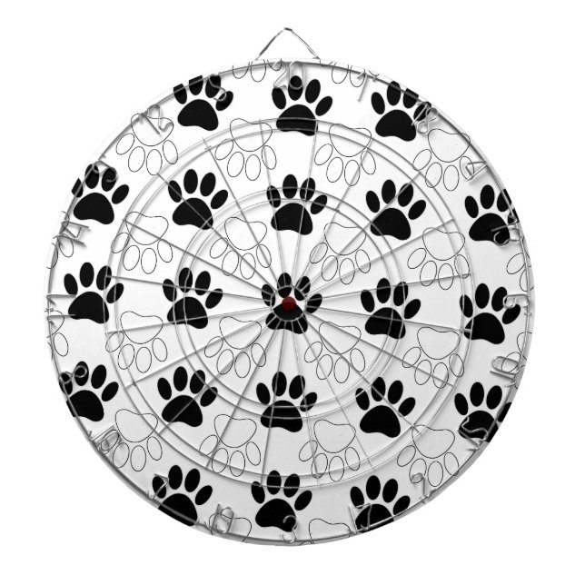 Black And White Dog Paw Print Pattern Dartboard With Darts (Front)
