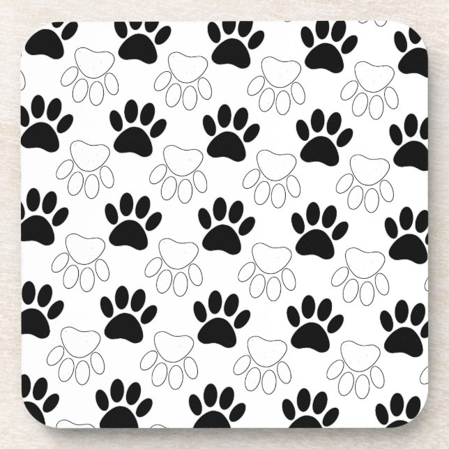 Black And White Dog Paw Print Pattern Drink Coaster (Front)