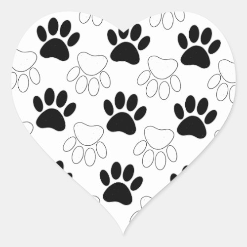 Black And White Dog Paw Print Pattern Heart Sticker