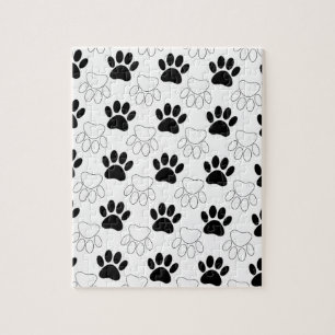 Black And White Dog Paw Print Pattern Jigsaw Puzzle