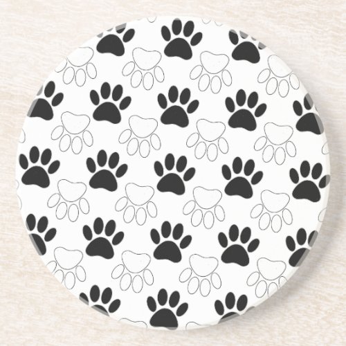 Black And White Dog Paw Print Pattern Sandstone Coaster