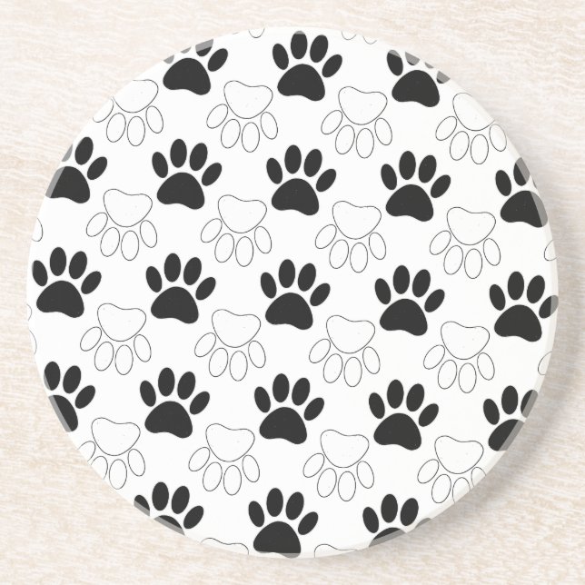 Black And White Dog Paw Print Pattern Sandstone Coaster (Front)