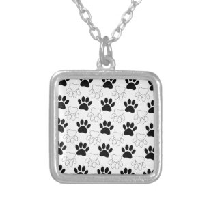Black And White Dog Paw Print Pattern Silver Plated Necklace
