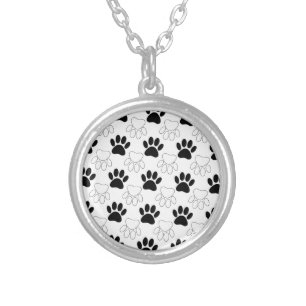 Black And White Dog Paw Print Pattern Silver Plated Necklace