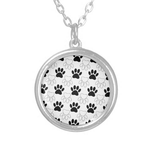 Black And White Dog Paw Print Pattern Silver Plated Necklace