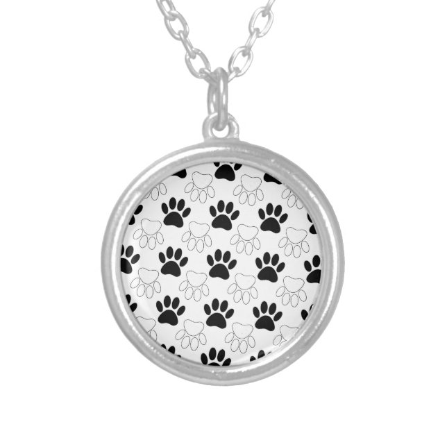 Black And White Dog Paw Print Pattern Silver Plated Necklace (Front)