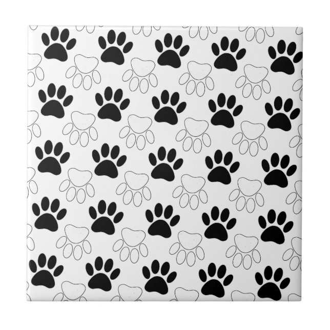 Black And White Dog Paw Print Pattern Tile (Front)