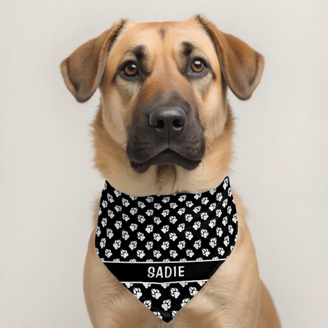 Black And White Dog Paw Print Pattern With Name Pet Bandana Collar (Dog 2)