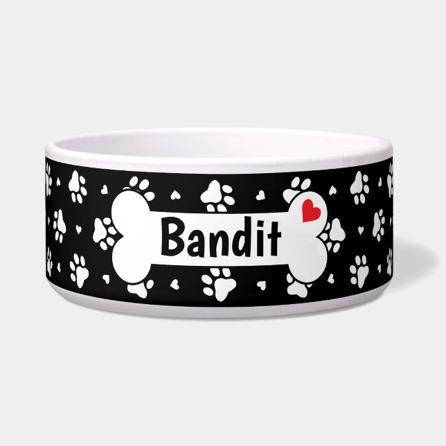 Black and White Dog Paw Prints and Hearts Pattern Bowl (Front)