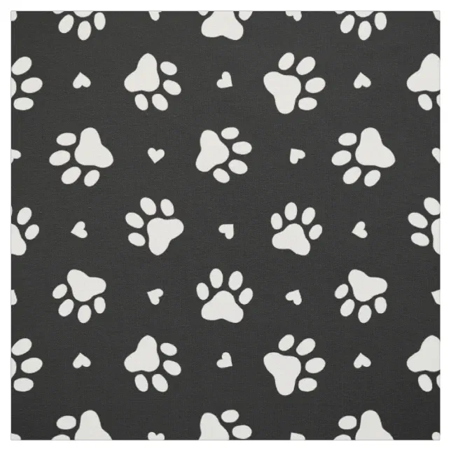 Black and White Dog Paw Prints and Hearts Pattern Fabric | Zazzle
