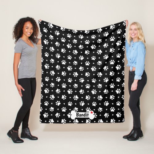 Black and White Dog Paw Prints and Hearts Pattern Fleece Blanket