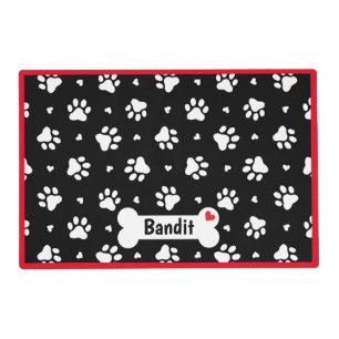 Black and White Dog Paw Prints and Hearts Pattern Placemat