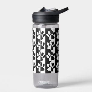 Black and White Dog Paw Prints And Stripes Pattern Water Bottle