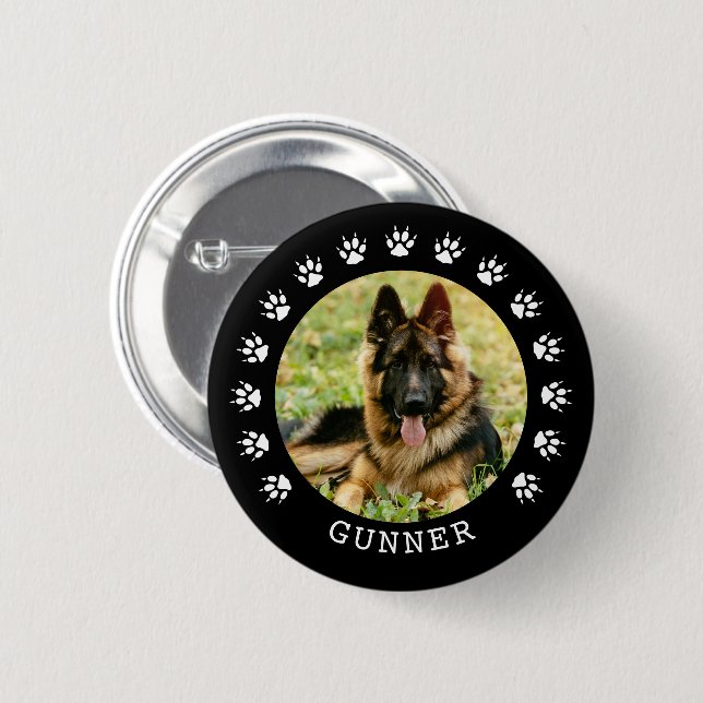 Black and White Dog Paw Prints Frame Pet Photo Button (Front & Back)
