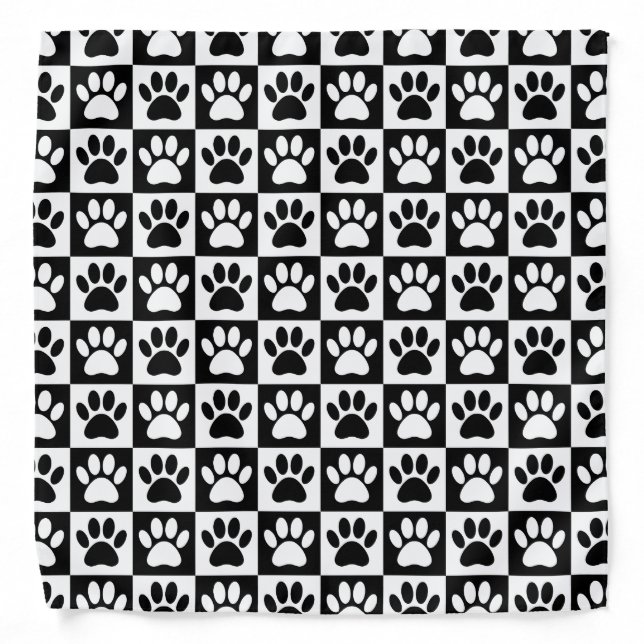 Black And White Dog Paw Prints In Squares Bandana (Front)