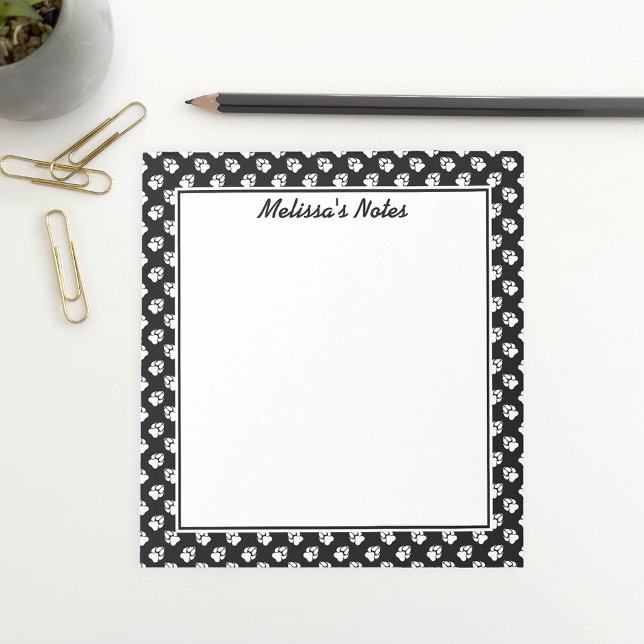 Black And White Dog Paw Prints With Custom Text Notepad (Ideal design for pet owners, animal lovers and people who work within the pet industry.)