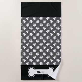 Black And White Dog Paws And Bone With Name Beach Towel