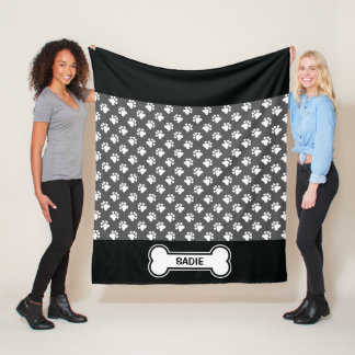 Black And White Dog Paws And Bone With Name Fleece Blanket