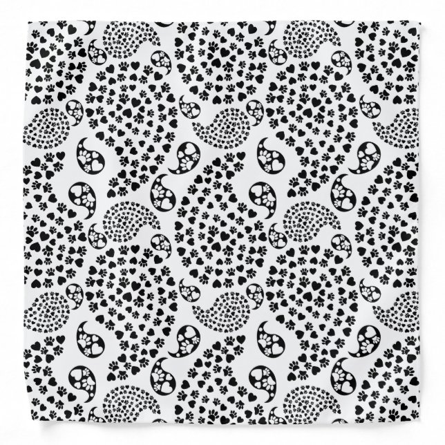 Black And White Dog Paws And Hearts Paisley Print Bandana (Front)