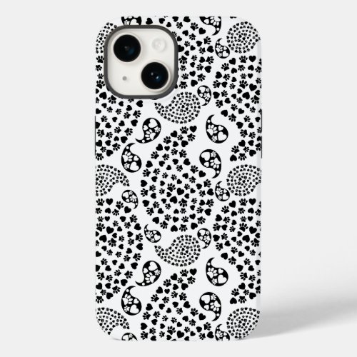 Black And White Dog Paws And Hearts Paisley Print Case_Mate iPhone 14 Case