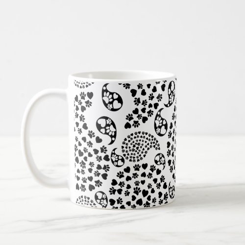 Black And White Dog Paws And Hearts Paisley Print Coffee Mug