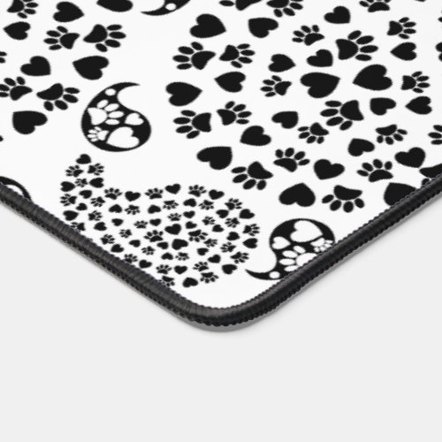 Black And White Dog Paws And Hearts Paisley Print Desk Mat