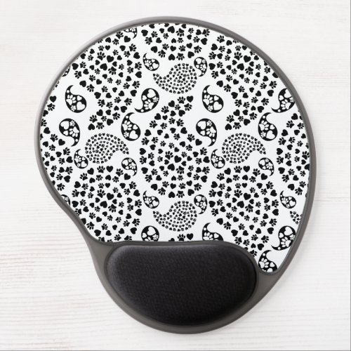 Black And White Dog Paws And Hearts Paisley Print Gel Mouse Pad