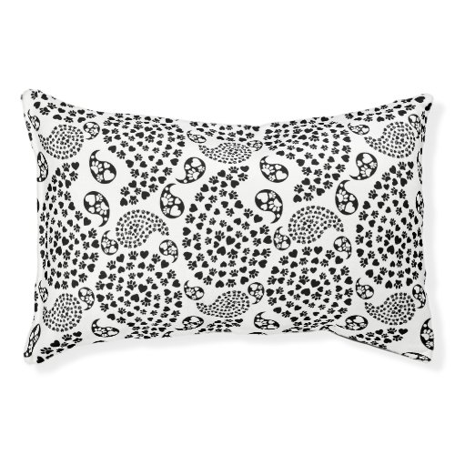 Black And White Dog Paws And Hearts Paisley Print Pet Bed