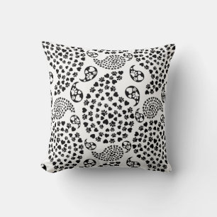 Black And White Dog Paws And Hearts Paisley Print Throw Pillow