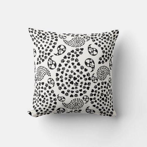 Black And White Dog Paws And Hearts Paisley Print Throw Pillow