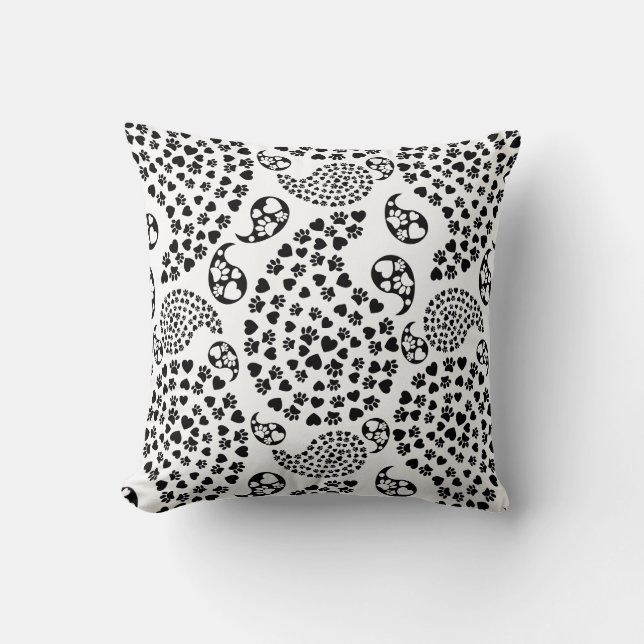 Black And White Dog Paws And Hearts Paisley Print Throw Pillow (Front)