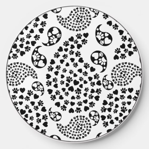 Black And White Dog Paws And Hearts Paisley Print Wireless Charger