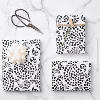 Black And White Dog Paws And Hearts Paisley Print