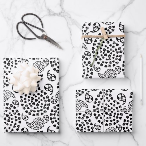 Black And White Dog Paws And Hearts Paisley Print Wrapping Paper Sheets