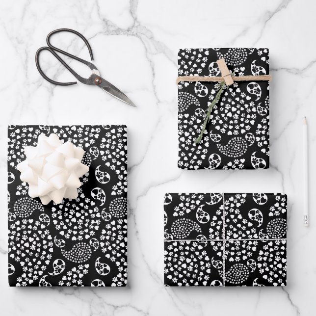 Black And White Dog Paws And Hearts Paisley Print Wrapping Paper Sheets (Front)