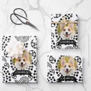 Black And White Dog Paws And Hearts Paisley Print Wrapping Paper Sheets